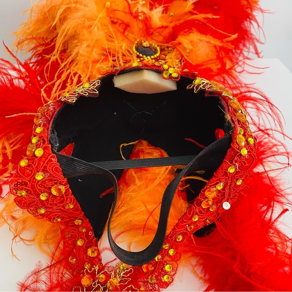 Showgirl Orange & Red Feathers Headdress W/ Ostrich Marabou Feather Boas Unisex - Picture 7 of 8